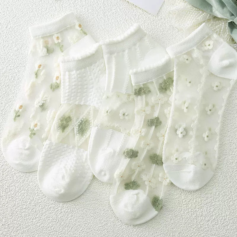 Japanese Sweet Crystal Silk Ankle Socks - 8-Pair 3D Floral Gift Set