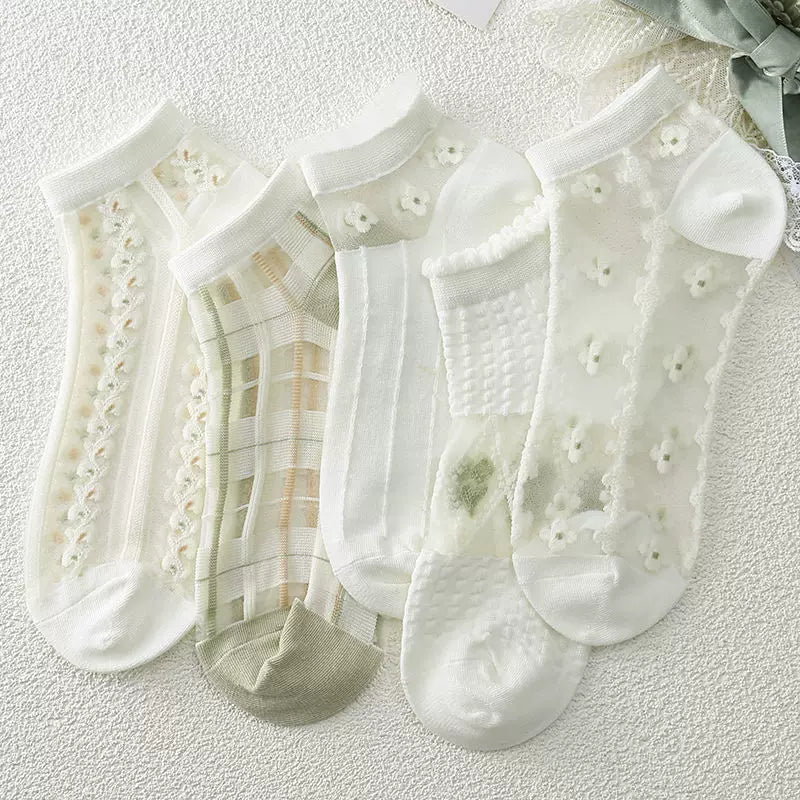 Japanese Sweet Crystal Silk Ankle Socks - 8-Pair 3D Floral Gift Set