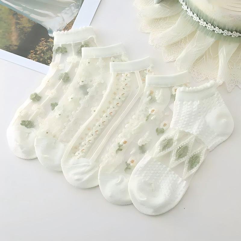 Japanese Sweet Crystal Silk Ankle Socks - 8-Pair 3D Floral Gift Set