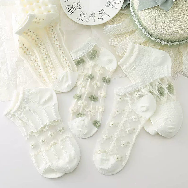 Japanese Sweet Crystal Silk Ankle Socks - 8-Pair 3D Floral Gift Set