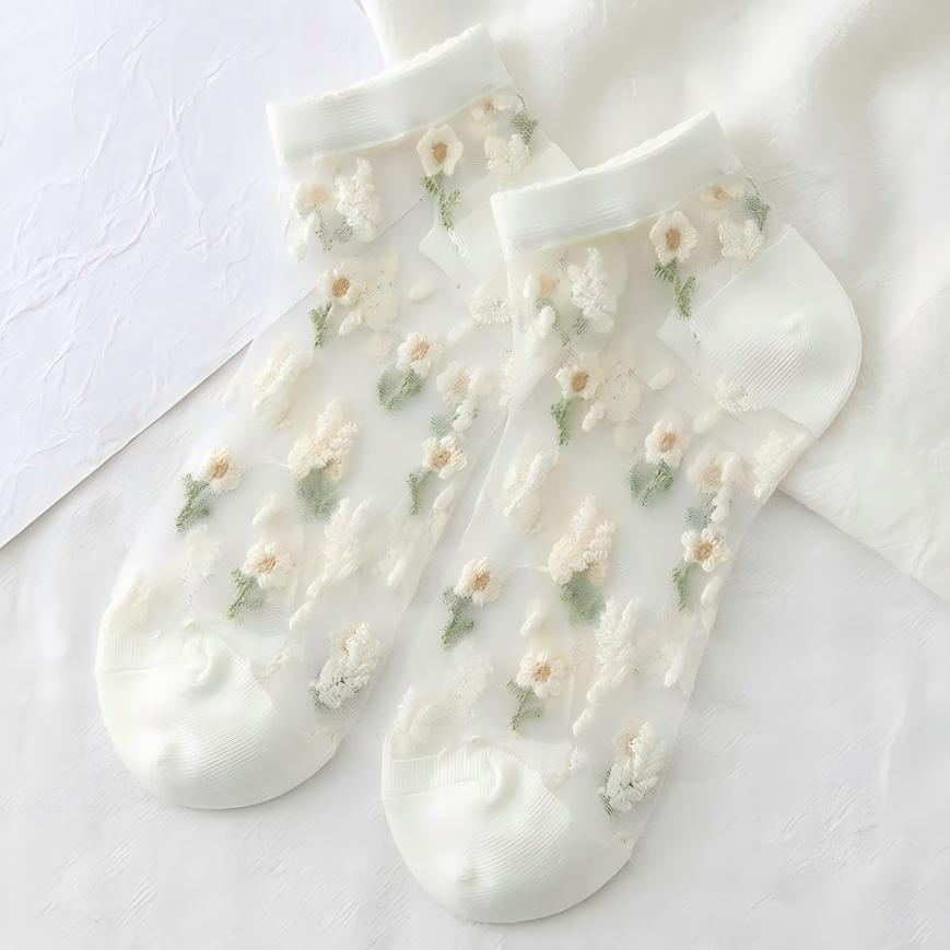 Japanese Sweet Crystal Silk Ankle Socks - 8-Pair 3D Floral Gift Set
