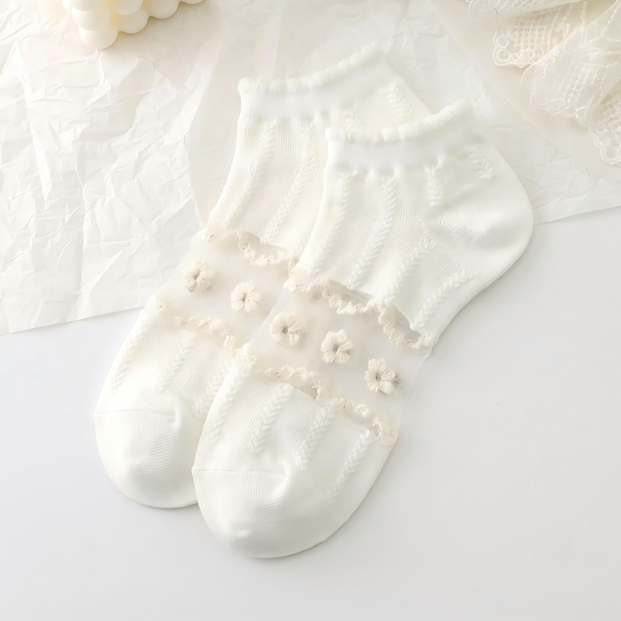 Japanese Sweet Crystal Silk Ankle Socks - 8-Pair 3D Floral Gift Set