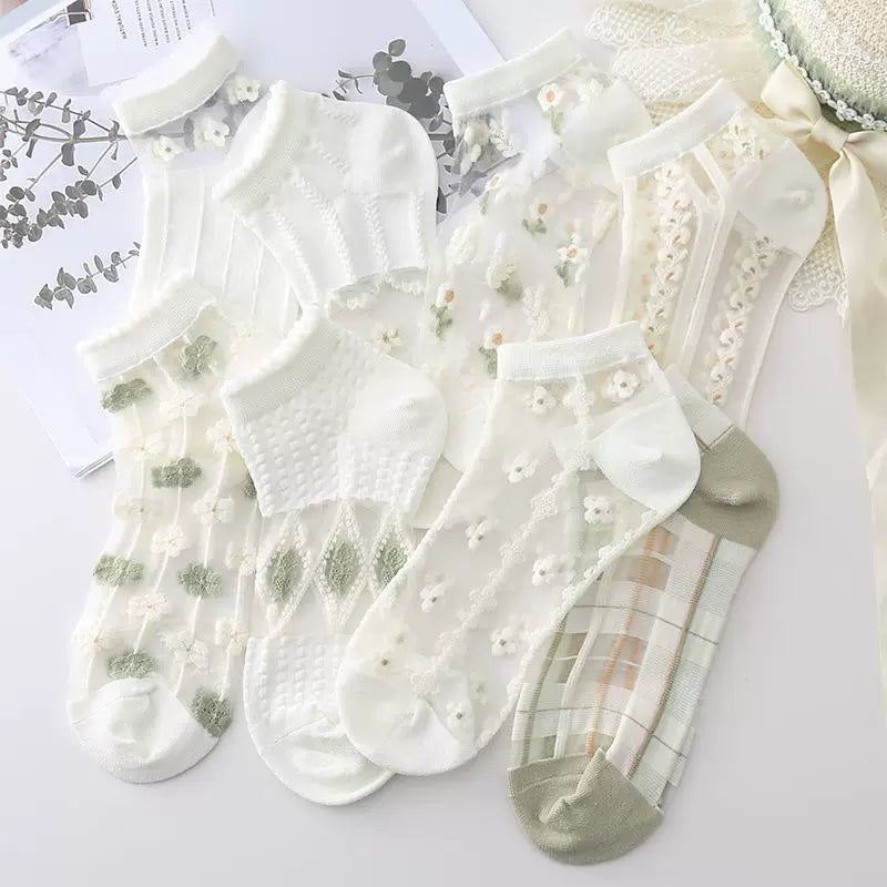 Japanese Sweet Crystal Silk Ankle Socks - 8-Pair 3D Floral Gift Set