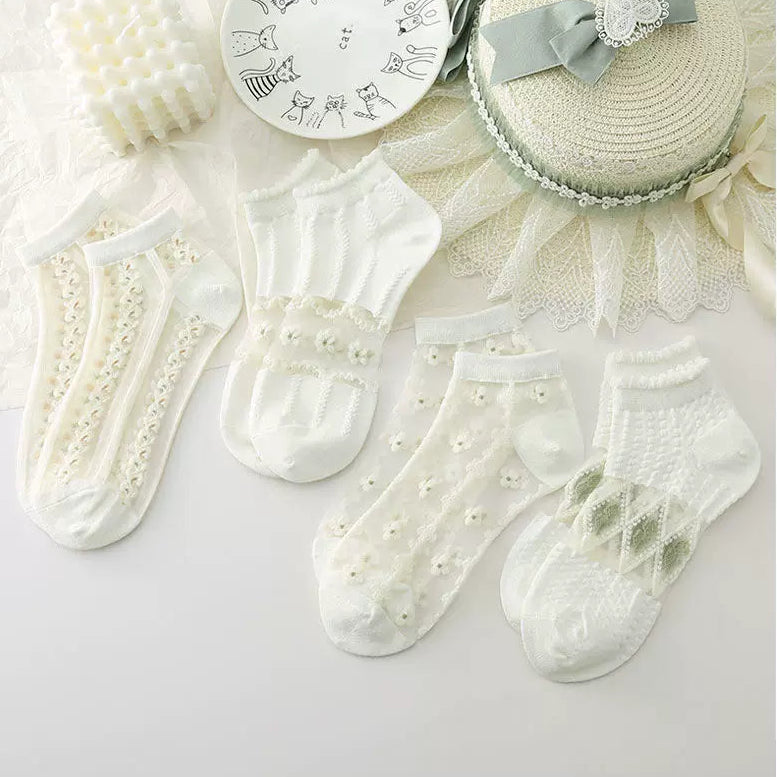 Japanese Sweet Crystal Silk Ankle Socks - 8-Pair 3D Floral Gift Set