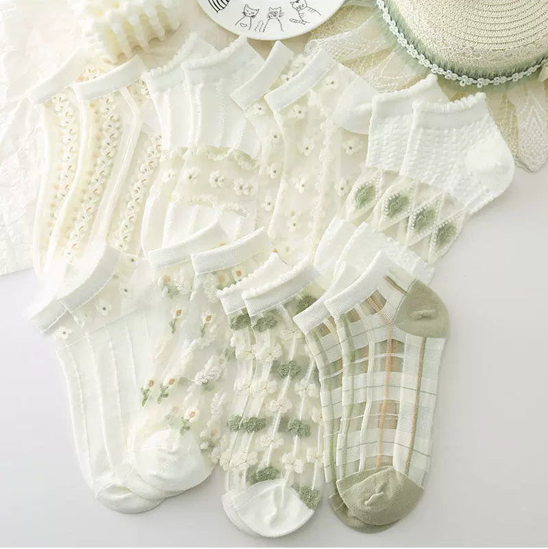 Japanese Sweet Crystal Silk Ankle Socks - 8-Pair 3D Floral Gift Set