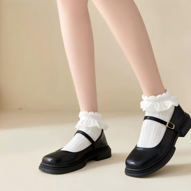 Lolita Bubble Cuff Pointelle Socks - Princess Lace Ruffle Ankle Socks