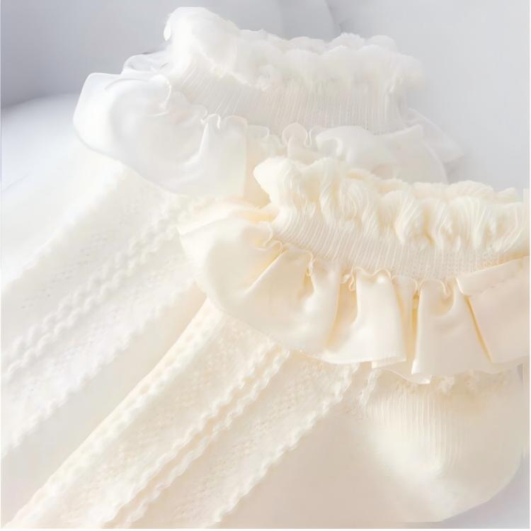 Lolita Bubble Cuff Pointelle Socks - Princess Lace Ruffle Ankle Socks