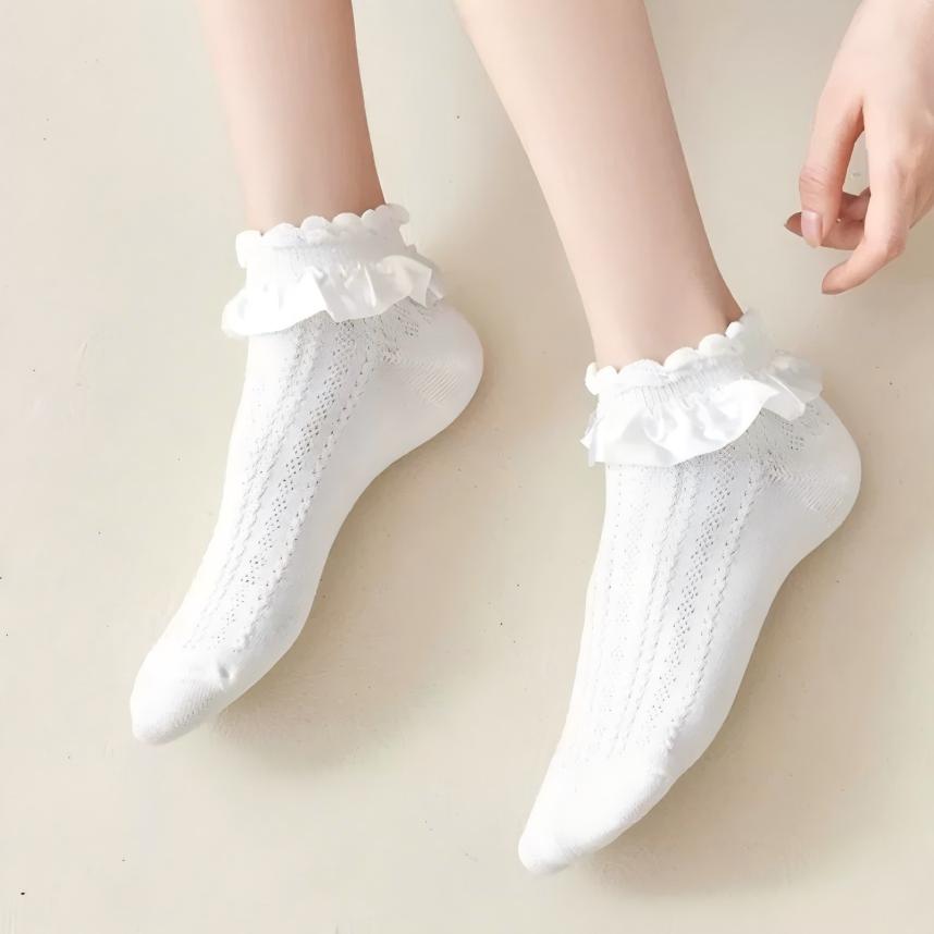 Lolita Bubble Cuff Pointelle Socks - Princess Lace Ruffle Ankle Socks