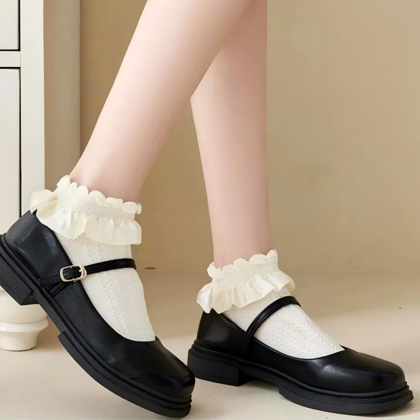 Lolita Bubble Cuff Pointelle Socks - Princess Lace Ruffle Ankle Socks