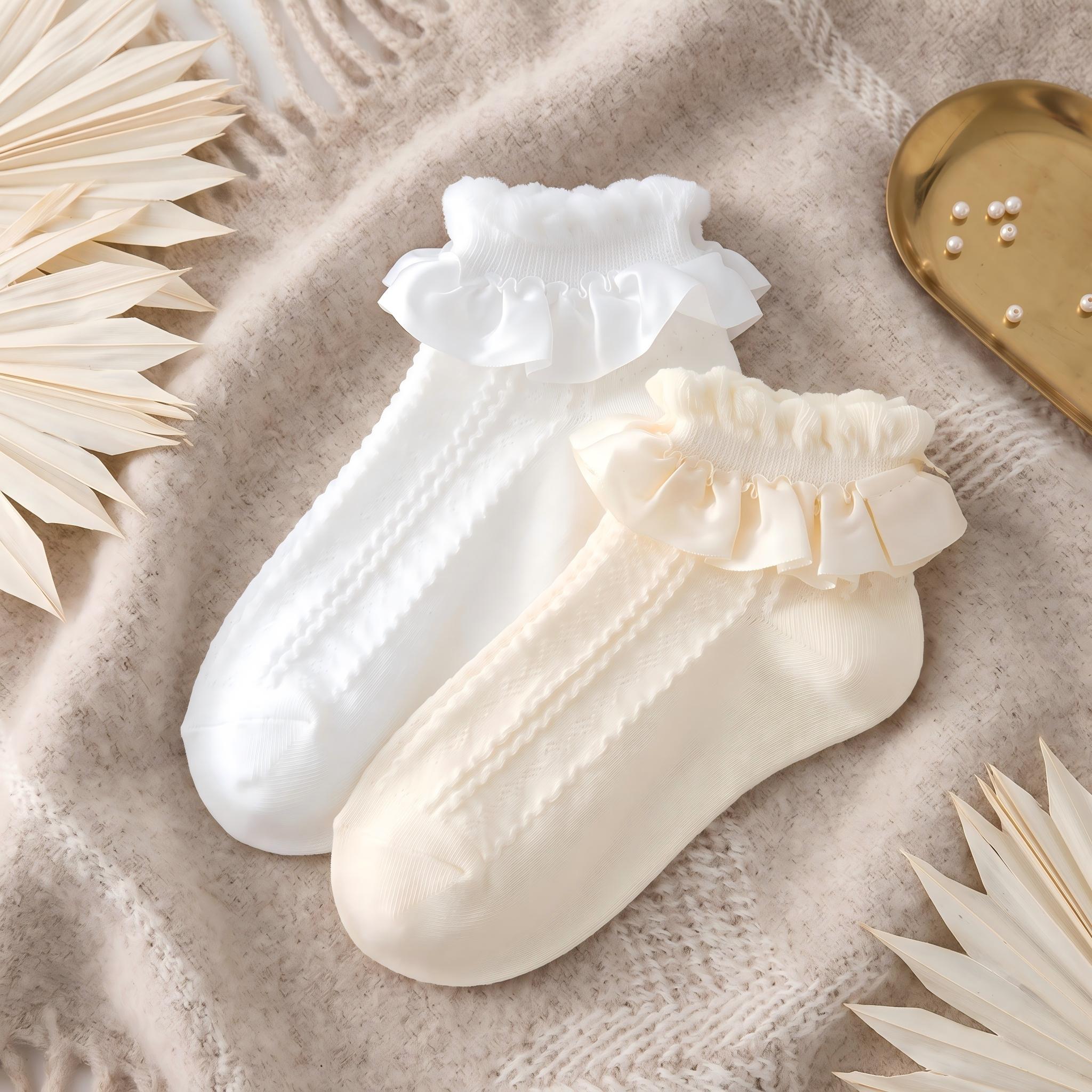 Lolita Bubble Cuff Pointelle Socks - Princess Lace Ruffle Ankle Socks