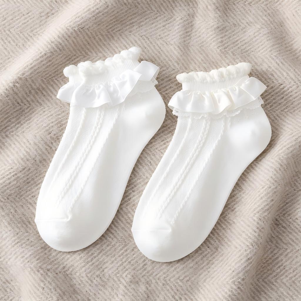 Lolita Bubble Cuff Pointelle Socks - Princess Lace Ruffle Ankle Socks