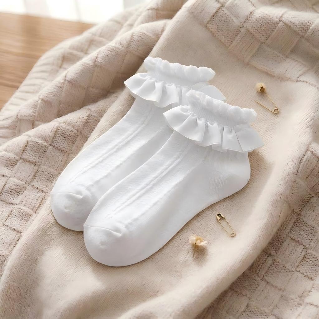 Lolita Bubble Cuff Pointelle Socks - Princess Lace Ruffle Ankle Socks