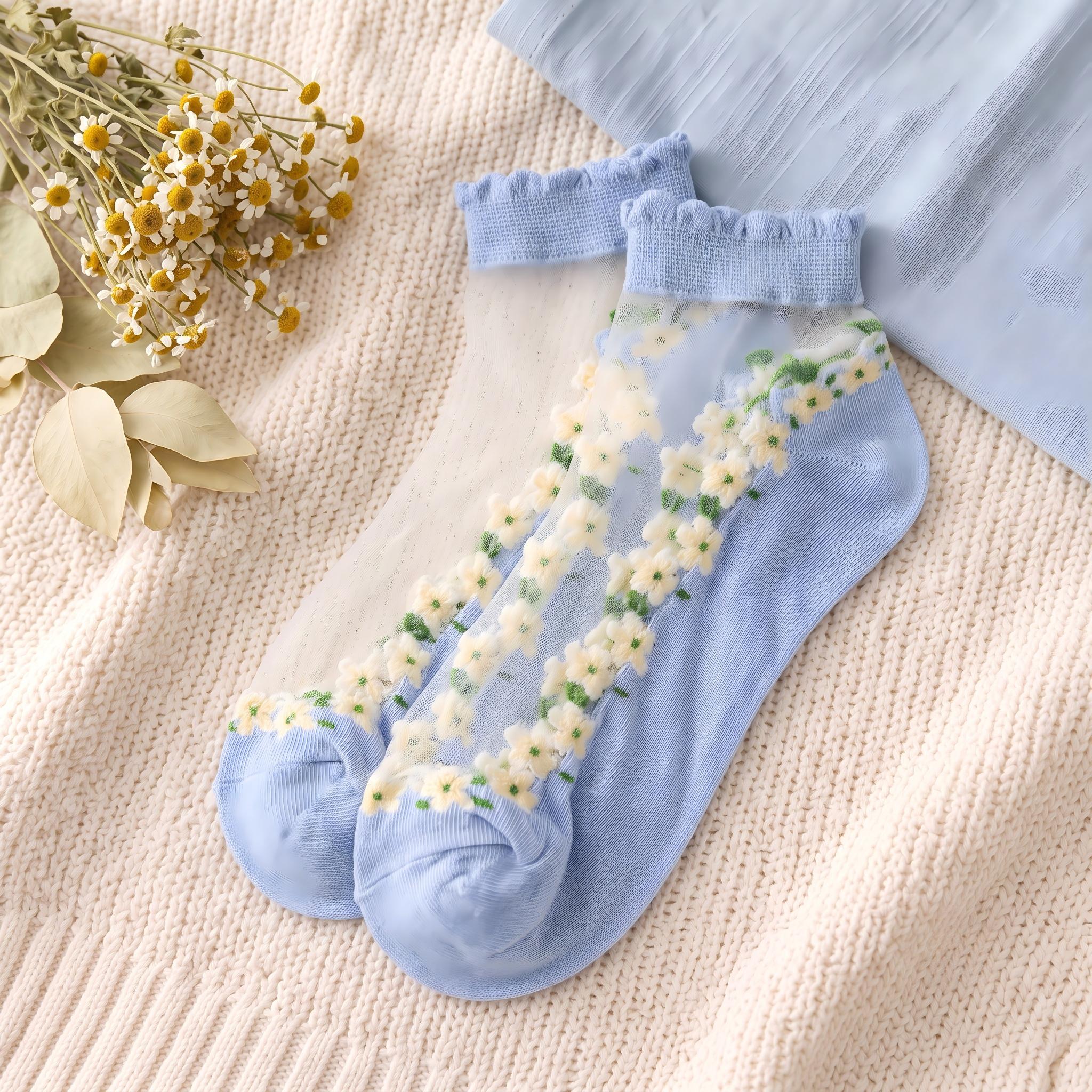 Ditsy Floral Trim Crystal Silk Socks - Scalloped Ruffle No-Show Flat Liner