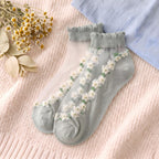 Ditsy Floral Trim Crystal Silk Socks - Scalloped Ruffle No-Show Flat Liner