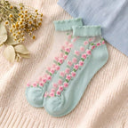 Ditsy Floral Trim Crystal Silk Socks - Scalloped Ruffle No-Show Flat Liner