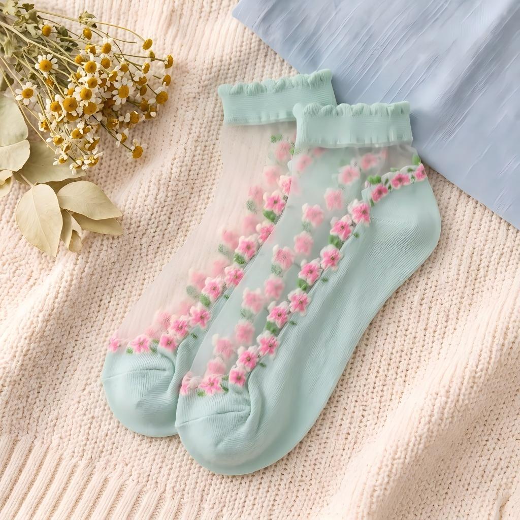 Ditsy Floral Trim Crystal Silk Socks - Scalloped Ruffle No-Show Flat Liner
