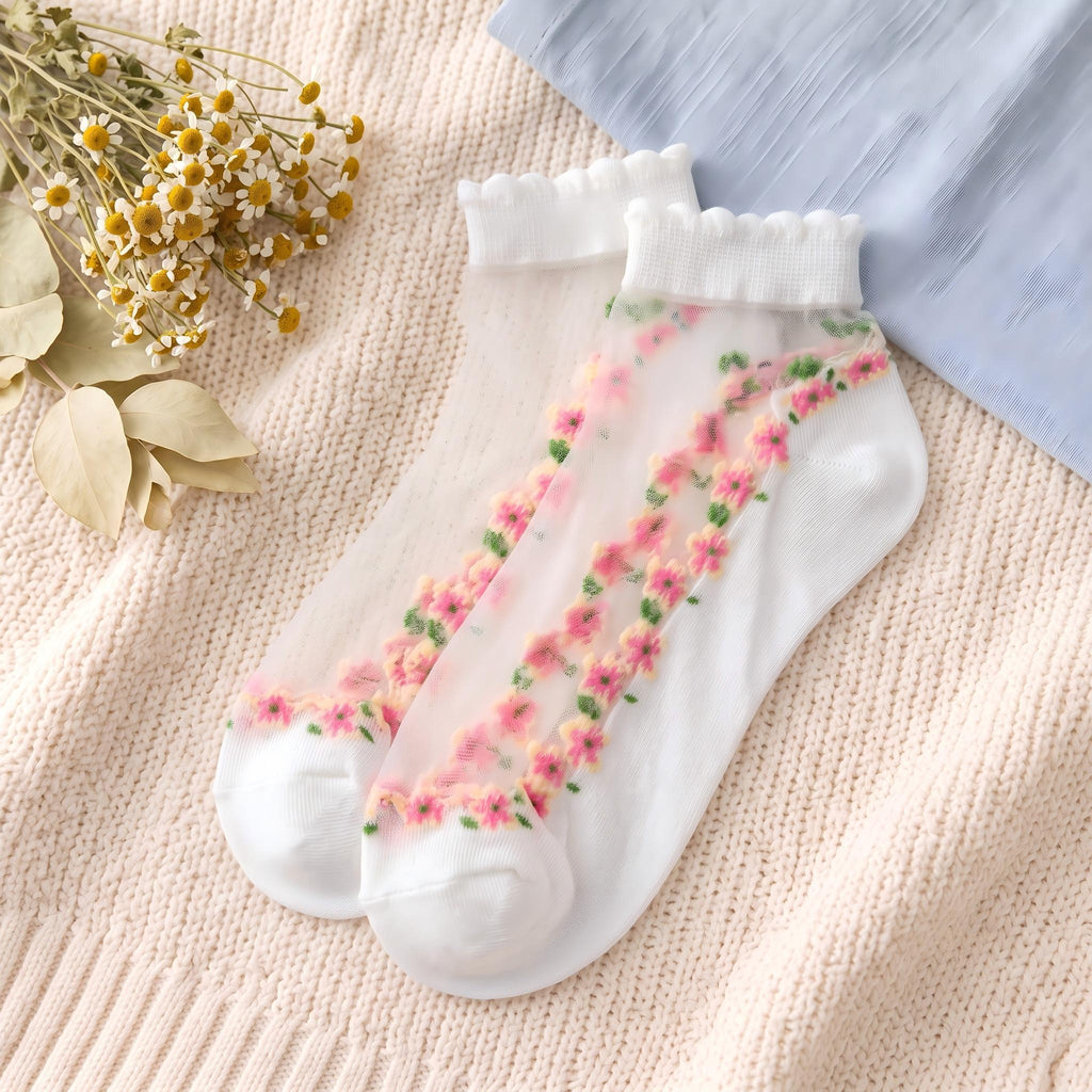 Ditsy Floral Trim Crystal Silk Socks - Scalloped Ruffle No-Show Flat Liner