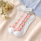 Ditsy Floral Trim Crystal Silk Socks - Scalloped Ruffle No-Show Flat Liner