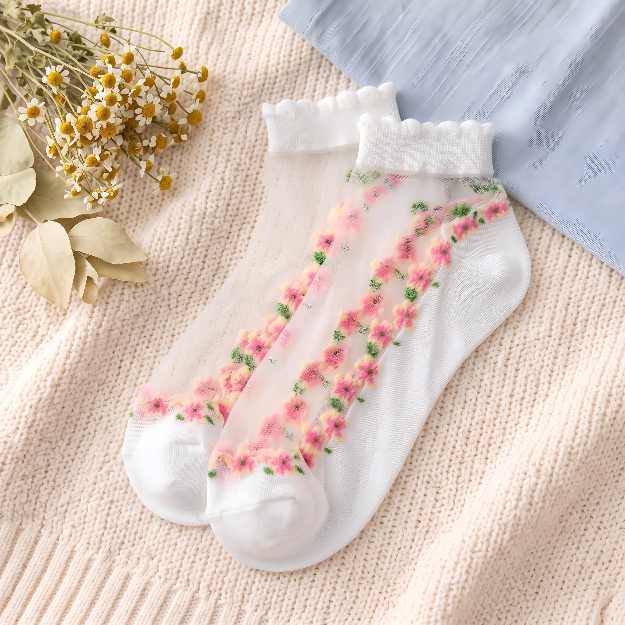 Ditsy Floral Trim Crystal Silk Socks - Scalloped Ruffle No-Show Flat Liner
