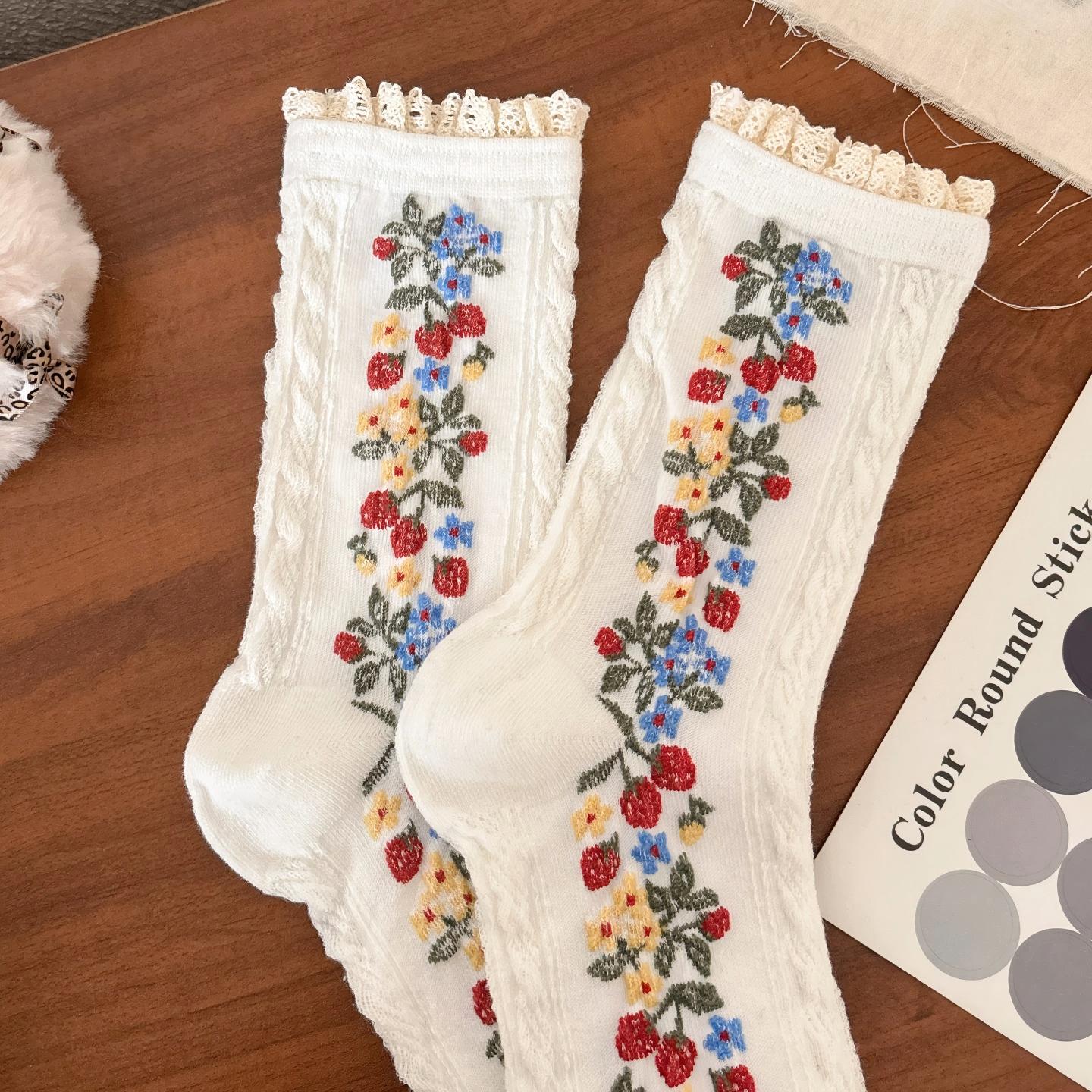 Monet Garden 3D Floral Cable Knit Mid-Calf Socks - Vintage Lace Ruffle