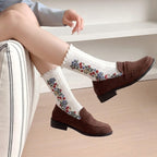 Monet Garden 3D Floral Cable Knit Mid-Calf Socks - Vintage Lace Ruffle