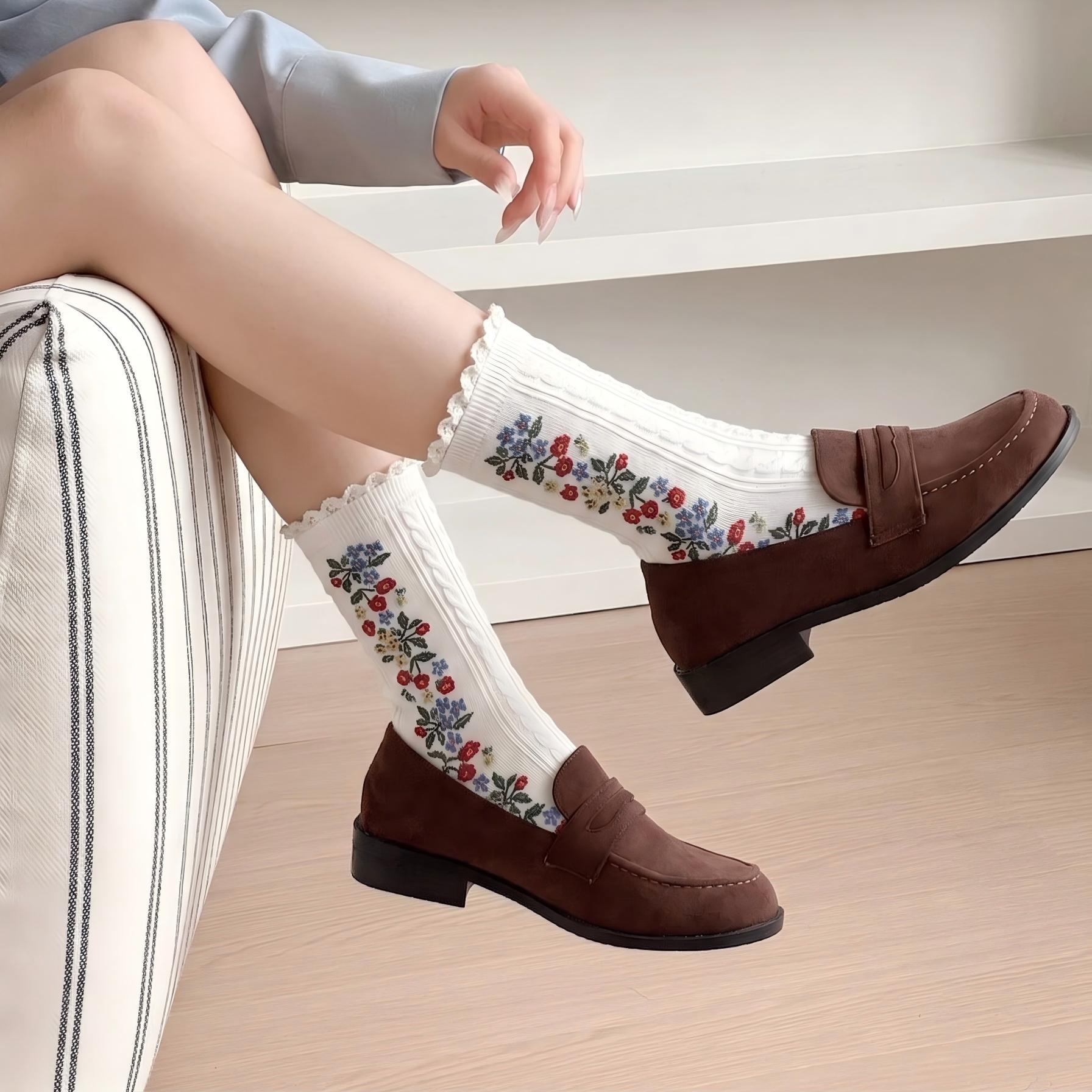Monet Garden 3D Floral Cable Knit Mid-Calf Socks - Vintage Lace Ruffle
