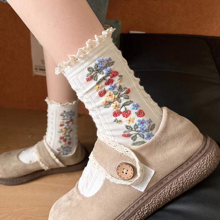 Monet Garden 3D Floral Cable Knit Mid-Calf Socks - Vintage Lace Ruffle