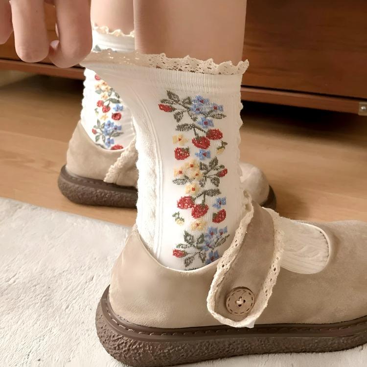 Monet Garden 3D Floral Cable Knit Mid-Calf Socks - Vintage Lace Ruffle