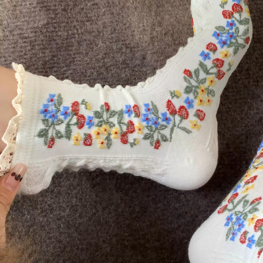 Monet Garden 3D Floral Cable Knit Mid-Calf Socks - Vintage Lace Ruffle