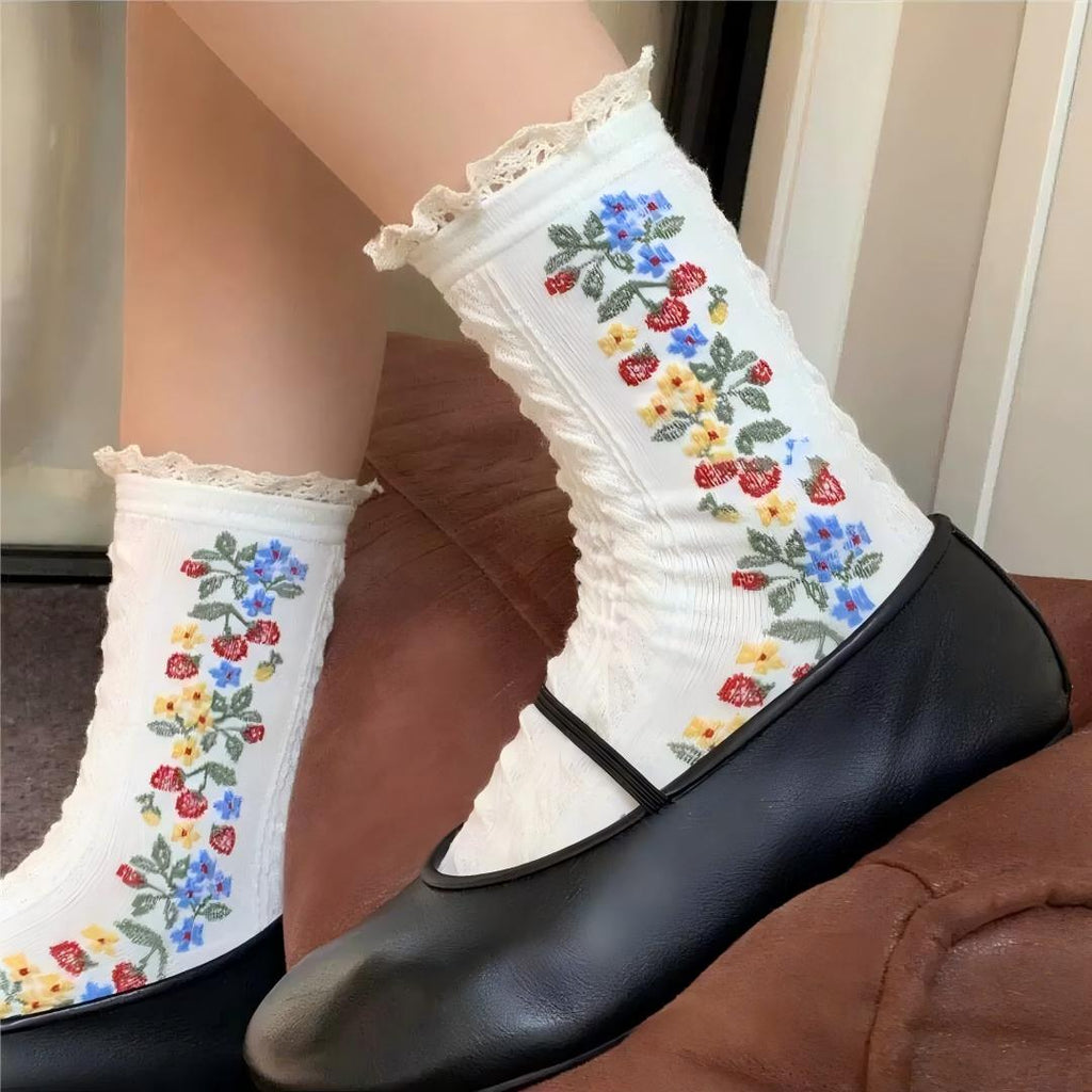 Monet Garden 3D Floral Cable Knit Mid-Calf Socks - Vintage Lace Ruffle