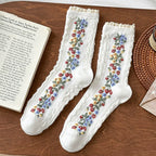 Monet Garden 3D Floral Cable Knit Mid-Calf Socks - Vintage Lace Ruffle