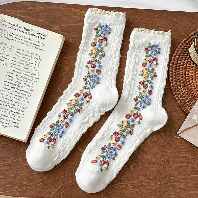 Monet Garden 3D Floral Cable Knit Mid-Calf Socks - Vintage Lace Ruffle