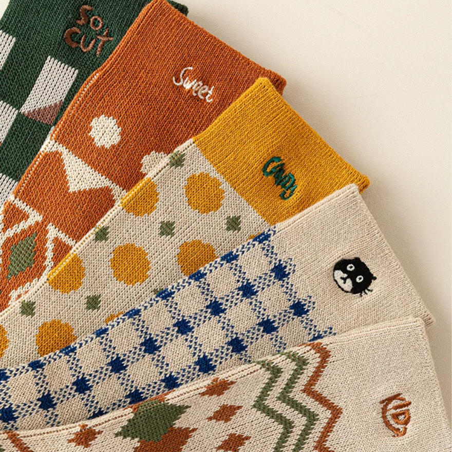Vintage Geometric Combed Cotton Crew Socks (Set of 4)