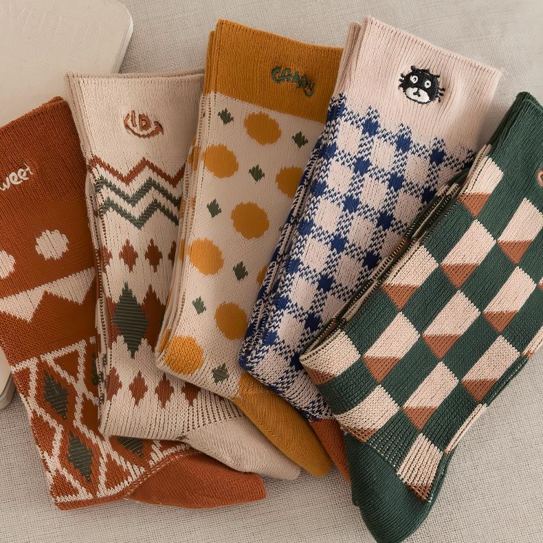 Vintage Geometric Combed Cotton Crew Socks (Set of 4)