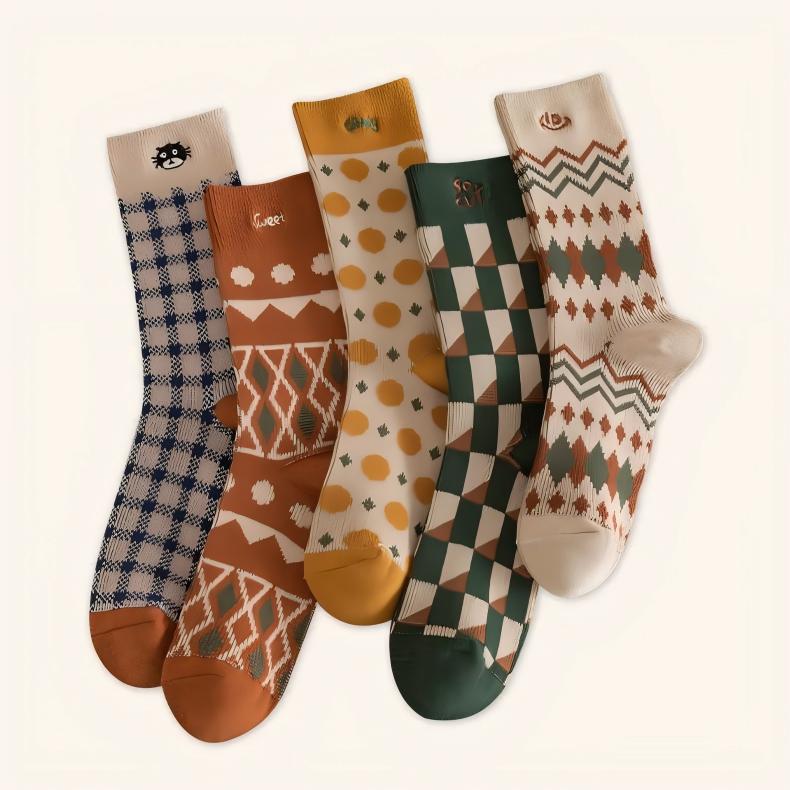 Vintage Geometric Combed Cotton Crew Socks (Set of 4)
