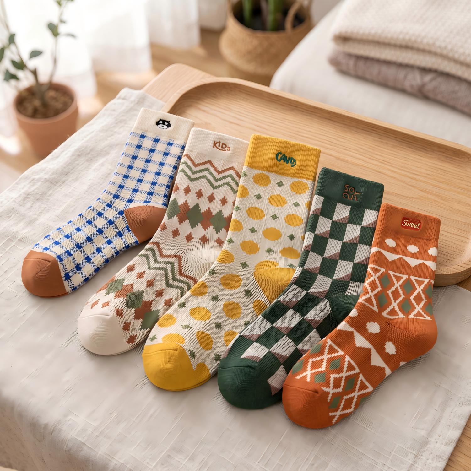 Vintage Geometric Combed Cotton Crew Socks (Set of 4)