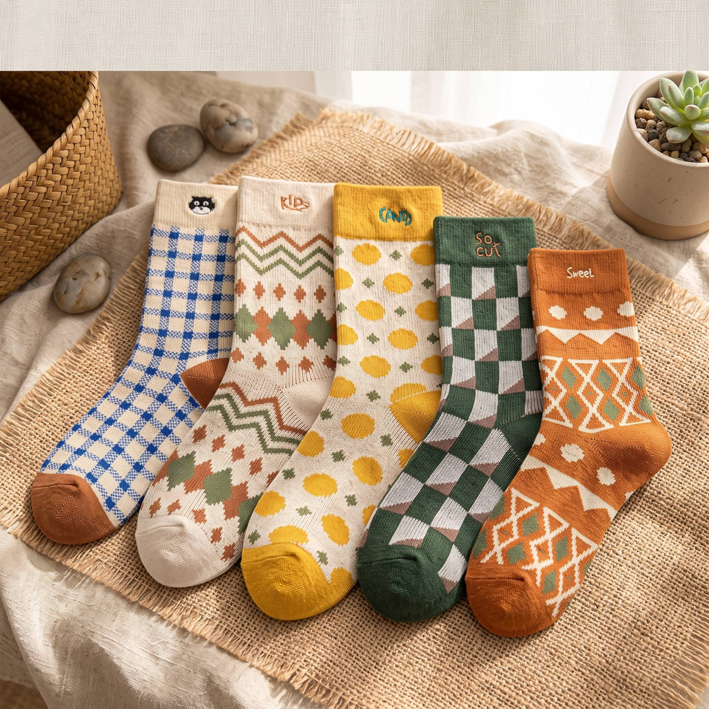 Vintage Geometric Combed Cotton Crew Socks (Set of 4)