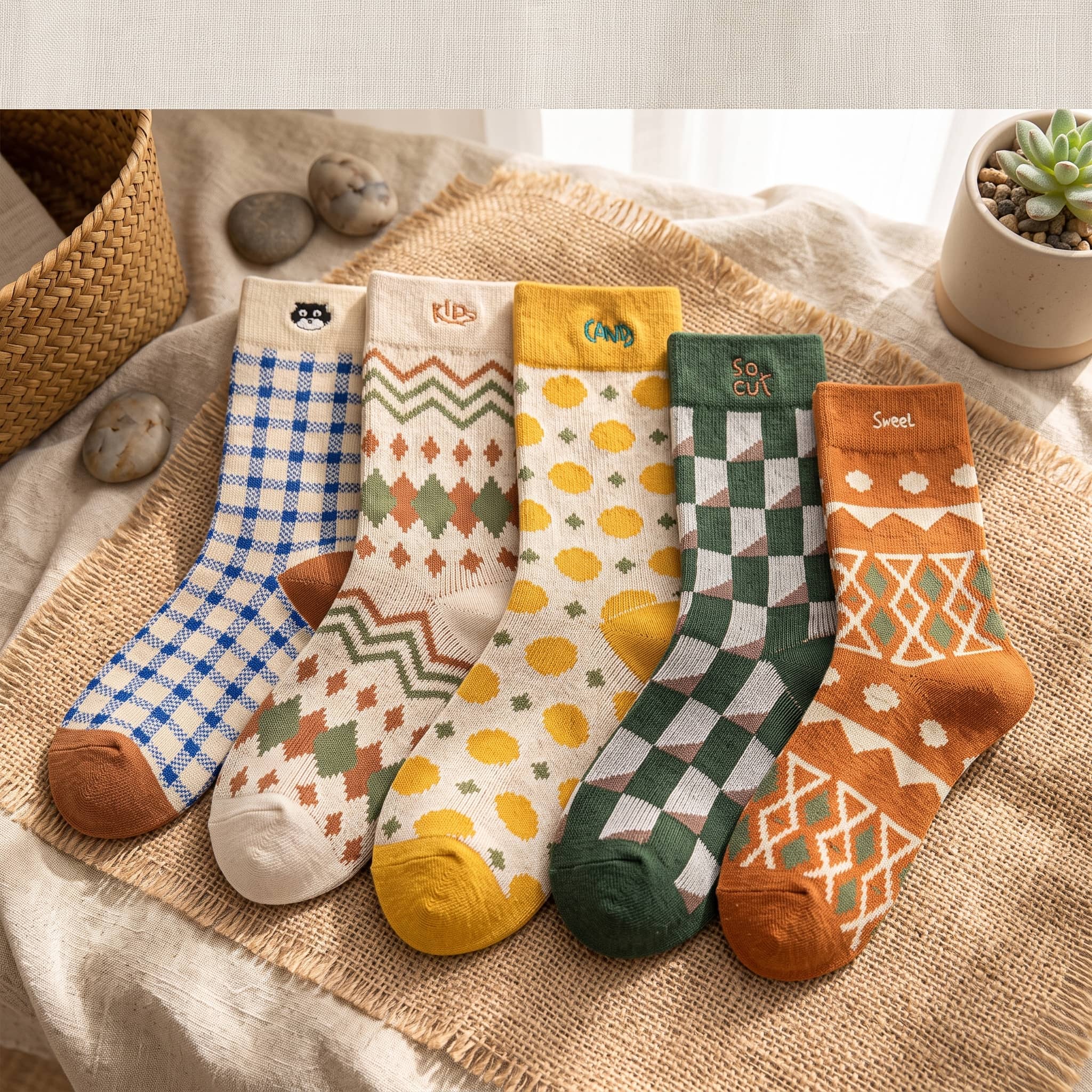 Vintage Geometric Combed Cotton Crew Socks (Set of 4)
