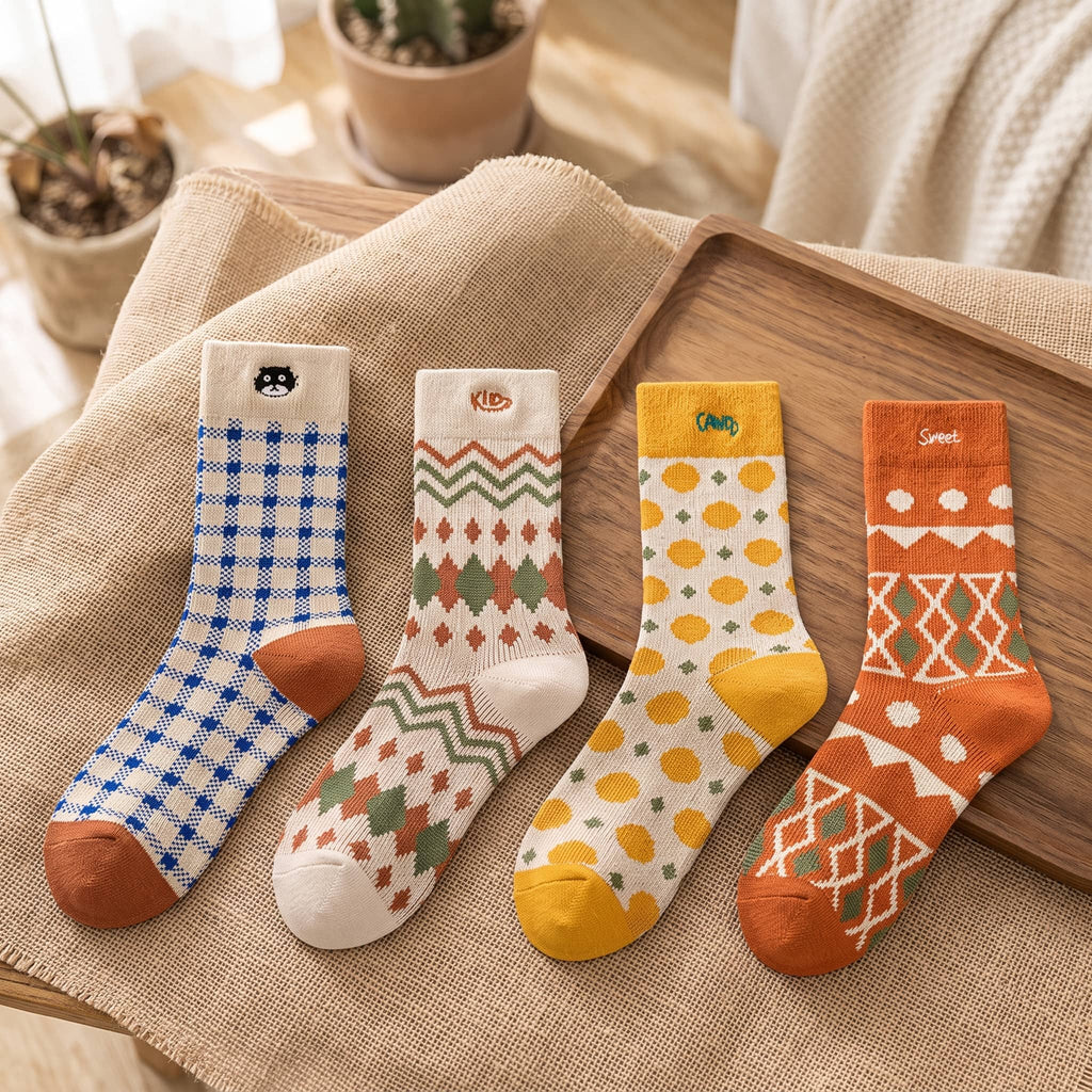 Vintage Geometric Combed Cotton Crew Socks (Set of 4)