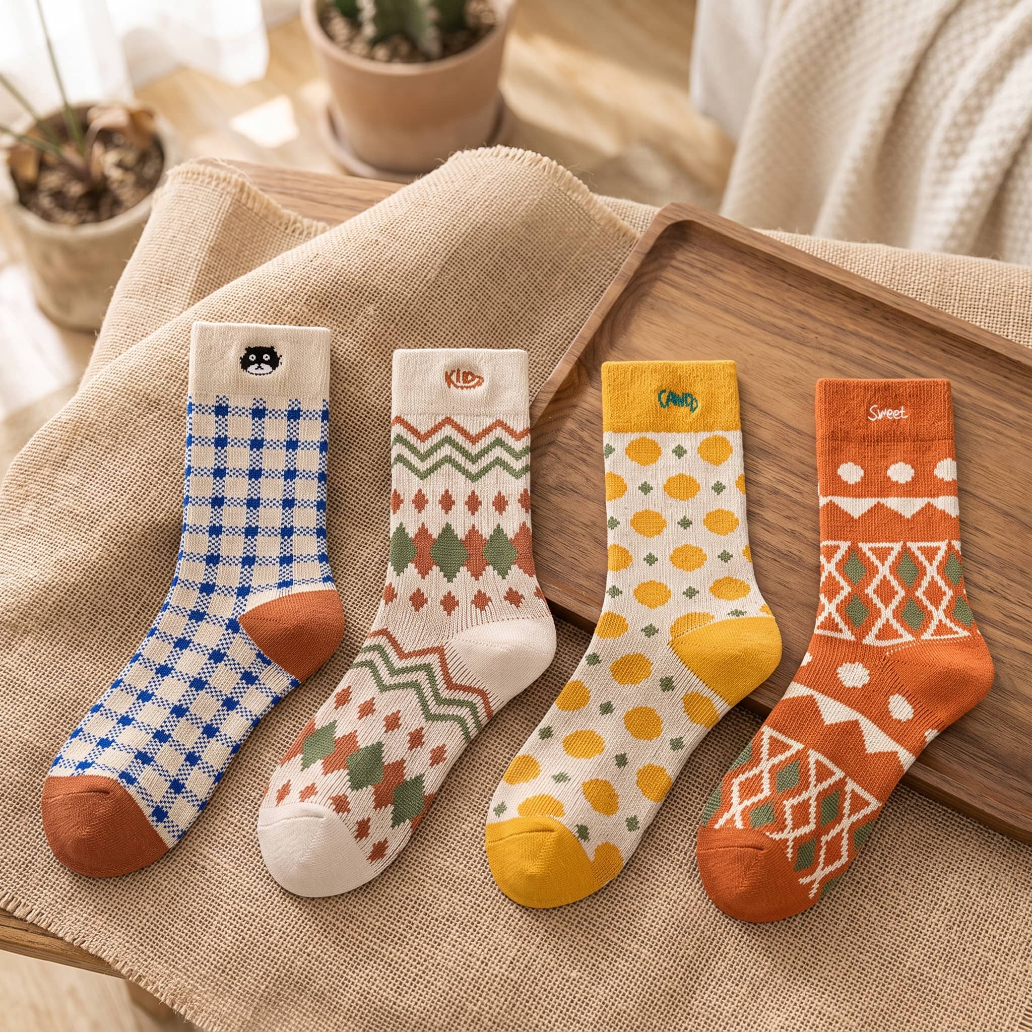 Vintage Geometric Combed Cotton Crew Socks (Set of 4)