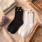 Dainty Felt Blossom Ruffle Ribbed Cotton Crew Socks