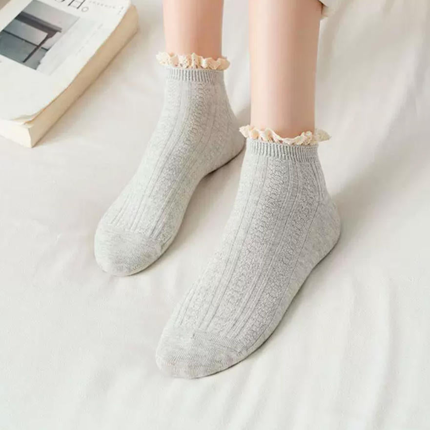 Pastel Ribbed Lace Frill Cotton Ankle Socks (Set of 5)
