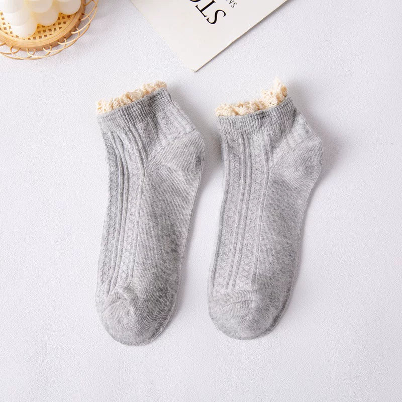 Pastel Ribbed Lace Frill Cotton Ankle Socks (Set of 5)