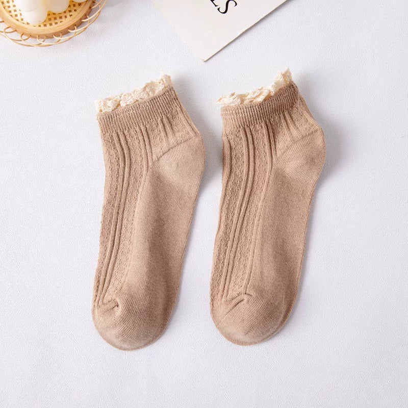Pastel Ribbed Lace Frill Cotton Ankle Socks (Set of 5)