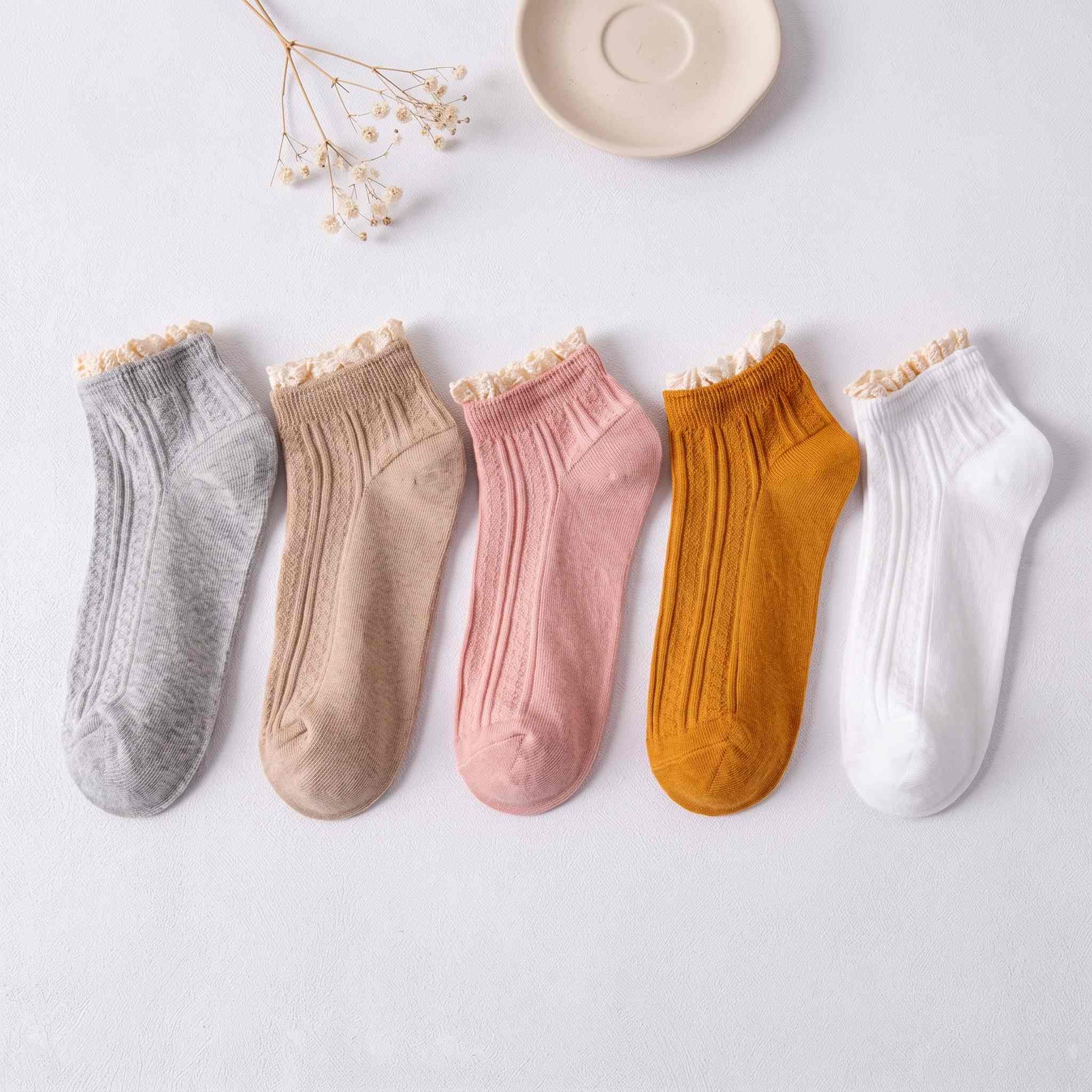 Pastel Ribbed Lace Frill Cotton Ankle Socks (Set of 5)
