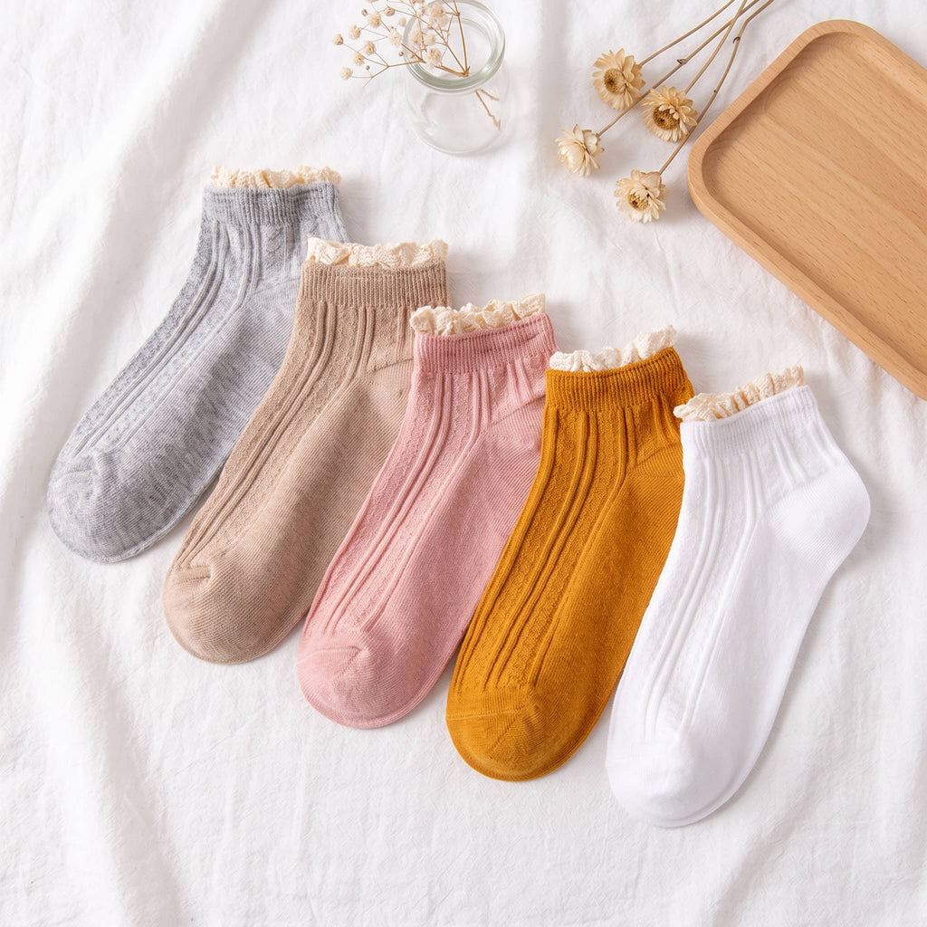 Pastel Ribbed Lace Frill Cotton Ankle Socks (Set of 5)