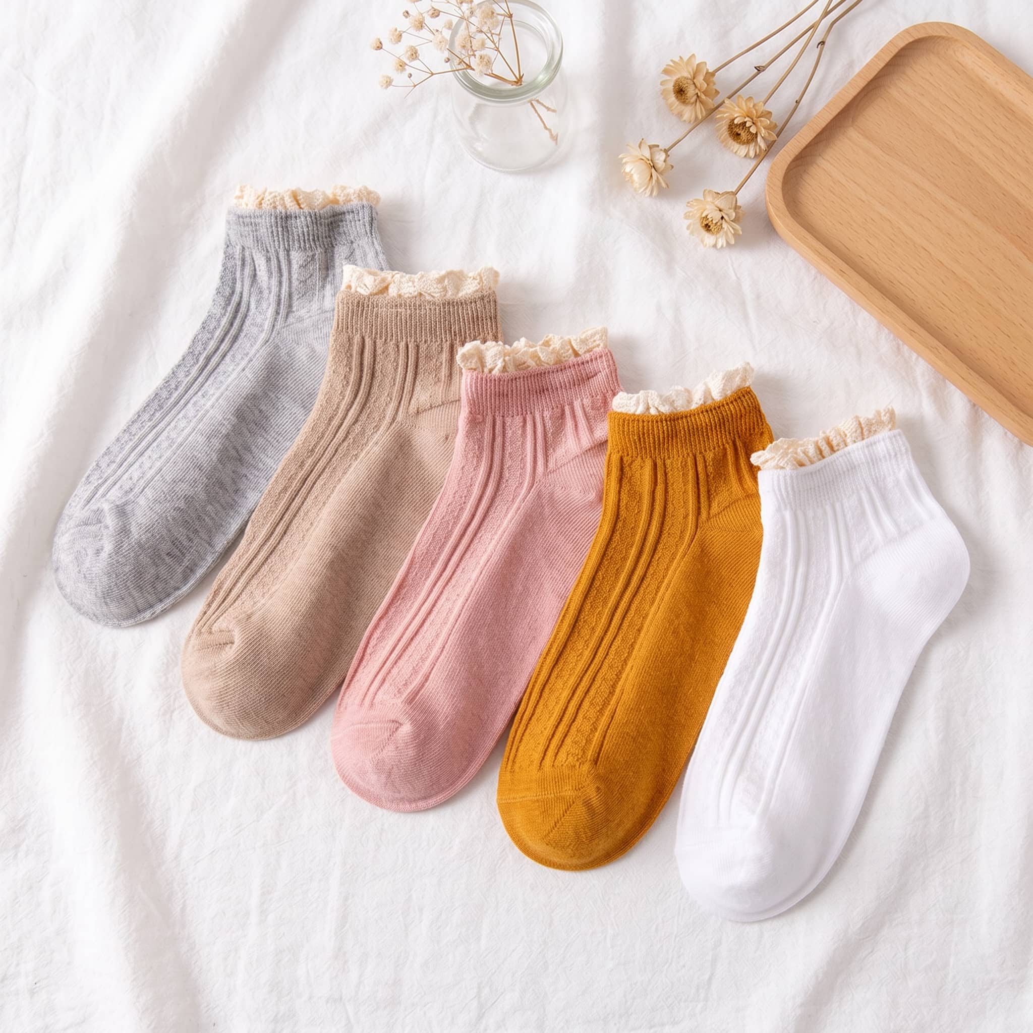 Pastel Ribbed Lace Frill Cotton Ankle Socks (Set of 5)