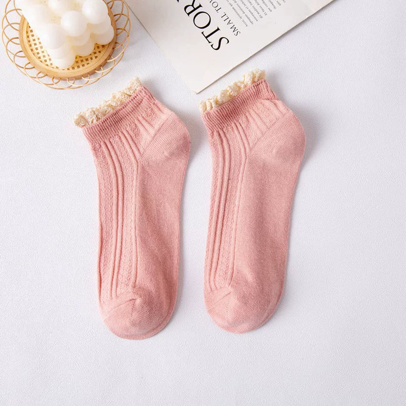 Pastel Ribbed Lace Frill Cotton Ankle Socks (Set of 5)