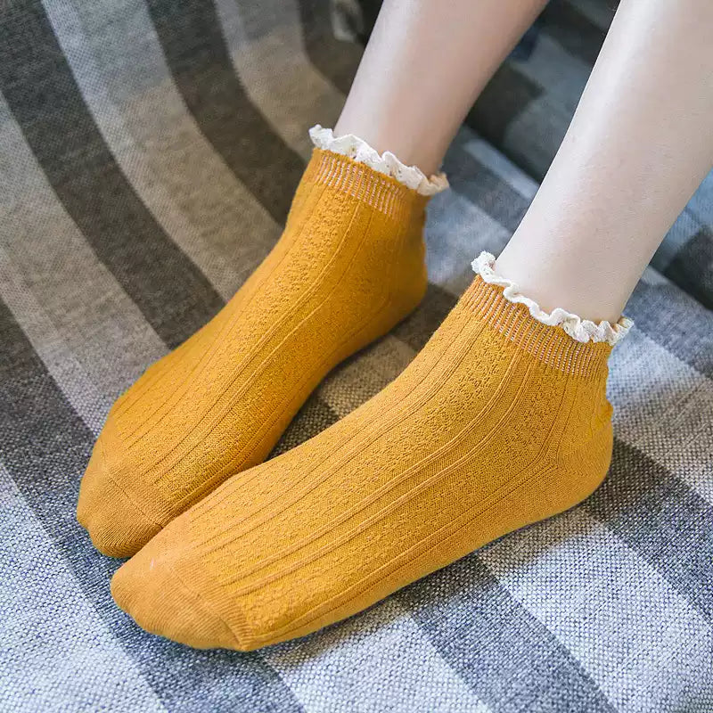 Pastel Ribbed Lace Frill Cotton Ankle Socks (Set of 5)