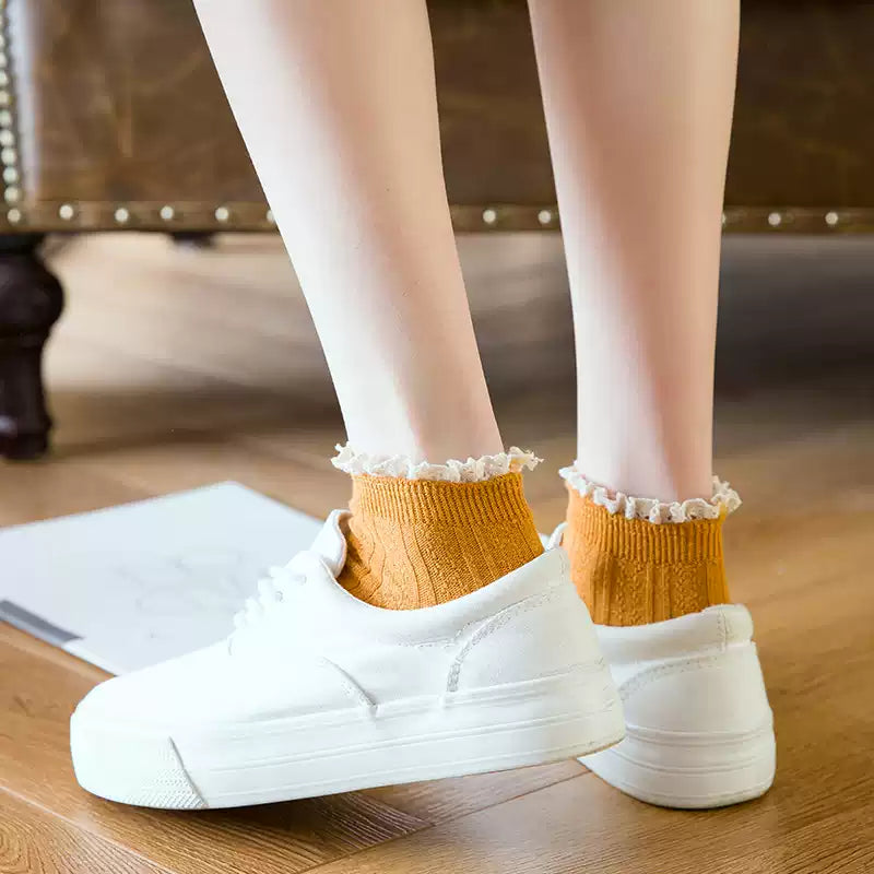 Pastel Ribbed Lace Frill Cotton Ankle Socks (Set of 5)